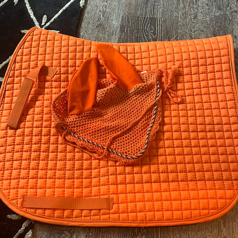 Orange saddle pad ear bonnet set fly veil dressage jumping